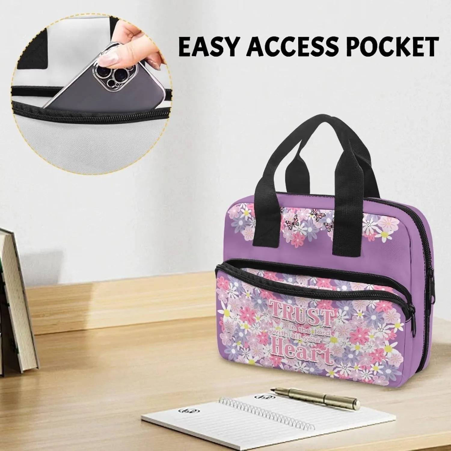 Womens Mens Bible Cover Inspirational Bible Carrying Case with Handle Zipper Church Organizer Bag for School