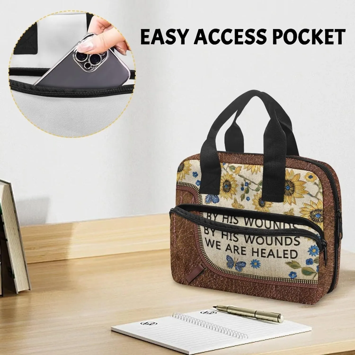 Womens Mens Bible Cover Inspirational Bible Carrying Case with Handle Zipper Church Organizer Bag for School