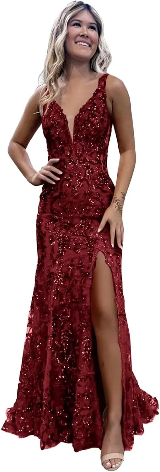 Women’s Mermaid Sequin Prom Dresses 2025 Sparkly Deep V Neck Lace Applique Slit Boydcon Formal Evening Party Gown