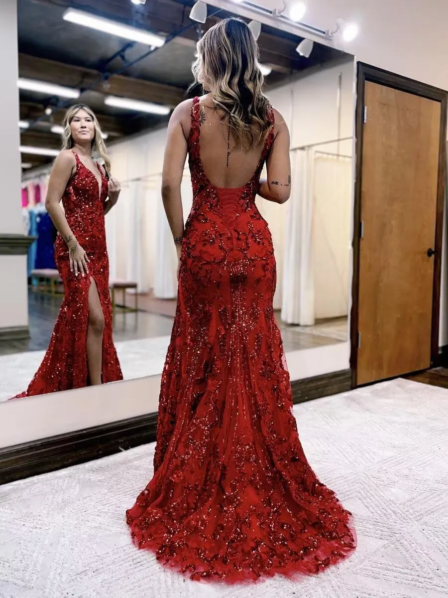 Women’s Mermaid Sequin Prom Dresses 2025 Sparkly Deep V Neck Lace Applique Slit Boydcon Formal Evening Party Gown