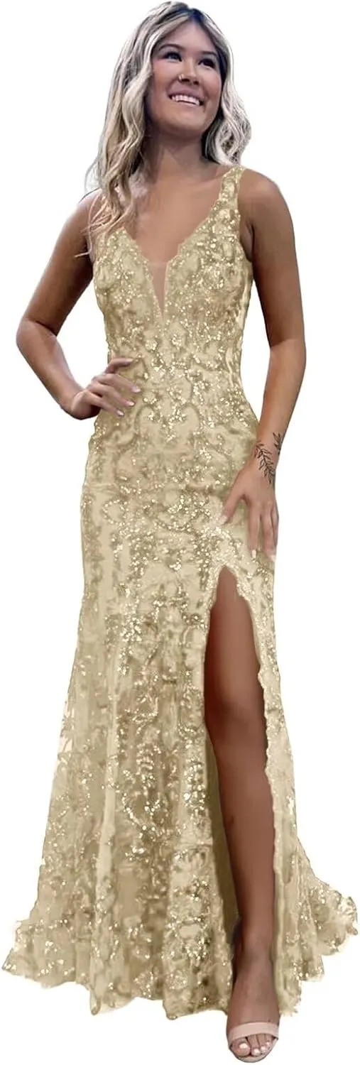 Women’s Mermaid Sequin Prom Dresses 2025 Sparkly Deep V Neck Lace Applique Slit Boydcon Formal Evening Party Gown