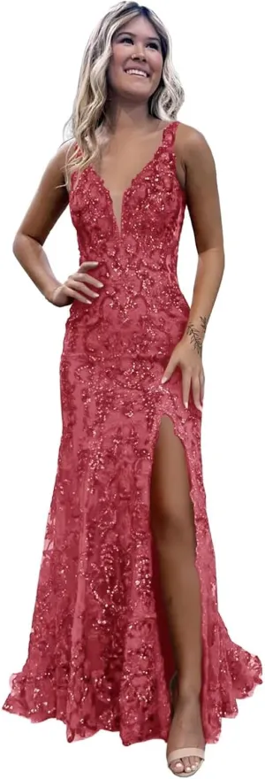 Women’s Mermaid Sequin Prom Dresses 2025 Sparkly Deep V Neck Lace Applique Slit Boydcon Formal Evening Party Gown