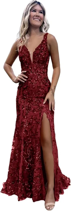 Women’s Mermaid Sequin Prom Dresses 2025 Sparkly Deep V Neck Lace Applique Slit Boydcon Formal Evening Party Gown
