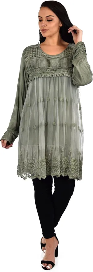 Women's Netted Embroidered Vintage Women Lace Tunic Blouse Top