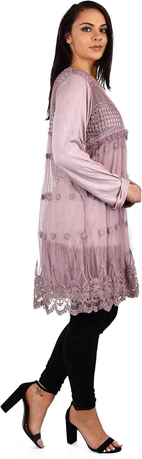 Women's Netted Embroidered Vintage Women Lace Tunic Blouse Top