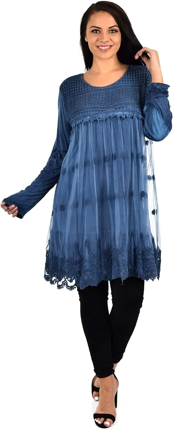 Women's Netted Embroidered Vintage Women Lace Tunic Blouse Top