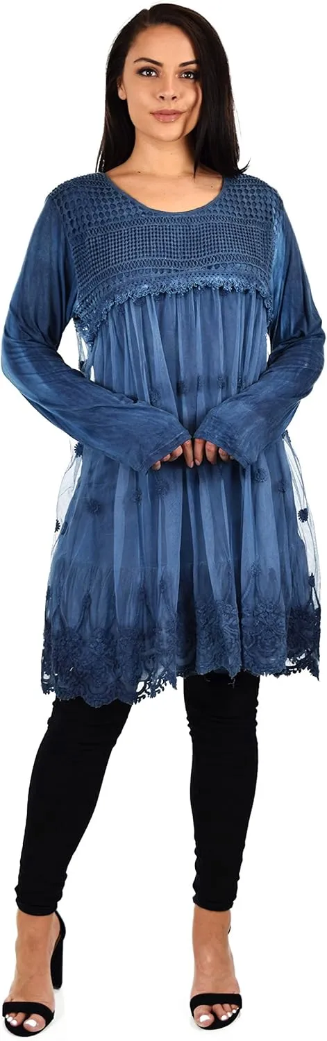 Women's Netted Embroidered Vintage Women Lace Tunic Blouse Top