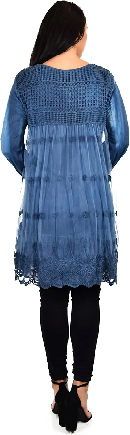 Women's Netted Embroidered Vintage Women Lace Tunic Blouse Top
