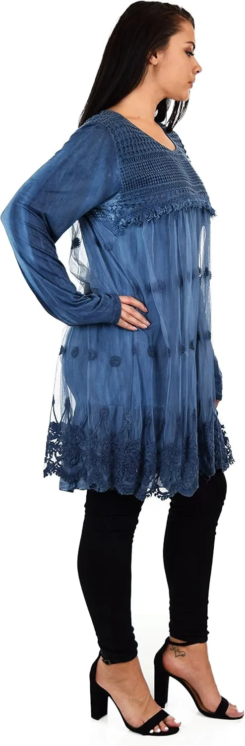 Women's Netted Embroidered Vintage Women Lace Tunic Blouse Top
