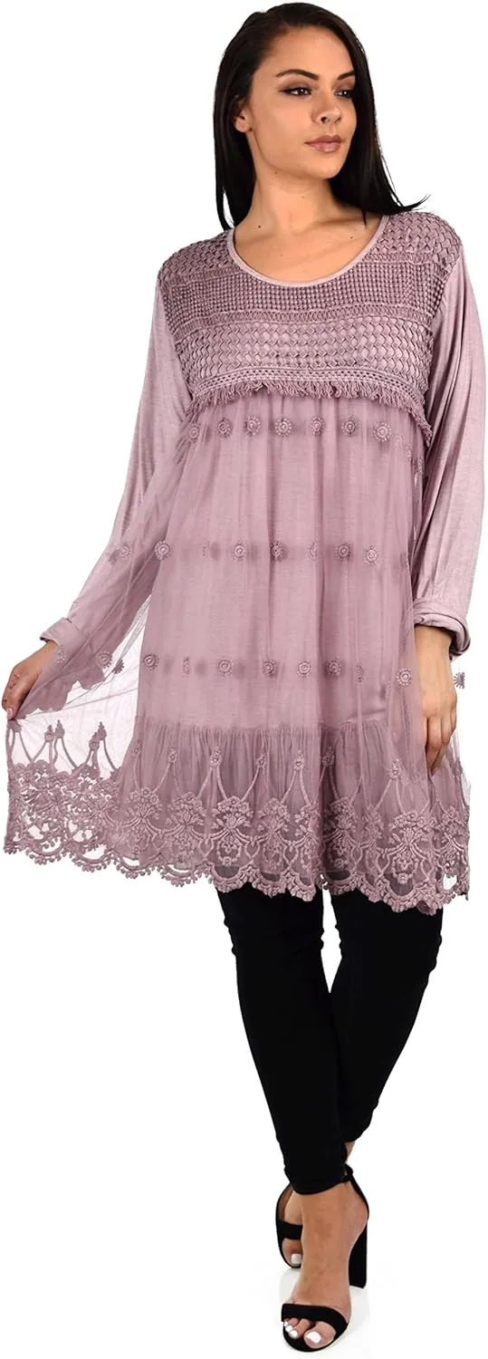 Women's Netted Embroidered Vintage Women Lace Tunic Blouse Top
