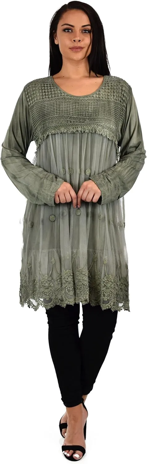 Women's Netted Embroidered Vintage Women Lace Tunic Blouse Top