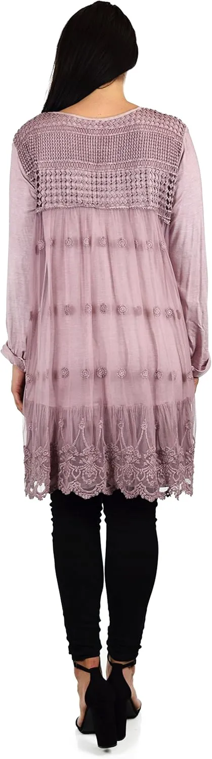 Women's Netted Embroidered Vintage Women Lace Tunic Blouse Top
