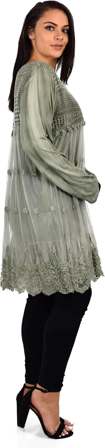 Women's Netted Embroidered Vintage Women Lace Tunic Blouse Top
