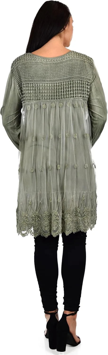 Women's Netted Embroidered Vintage Women Lace Tunic Blouse Top