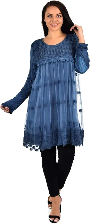 Women's Netted Embroidered Vintage Women Lace Tunic Blouse Top