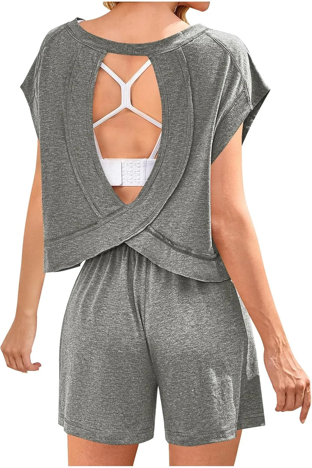 Women's Open Back Pajama Sets Loose Short Sleeve Crop Top with Shorts Comfy Soft Summer Sleepwear 2 Piece Pjs Lounge Set