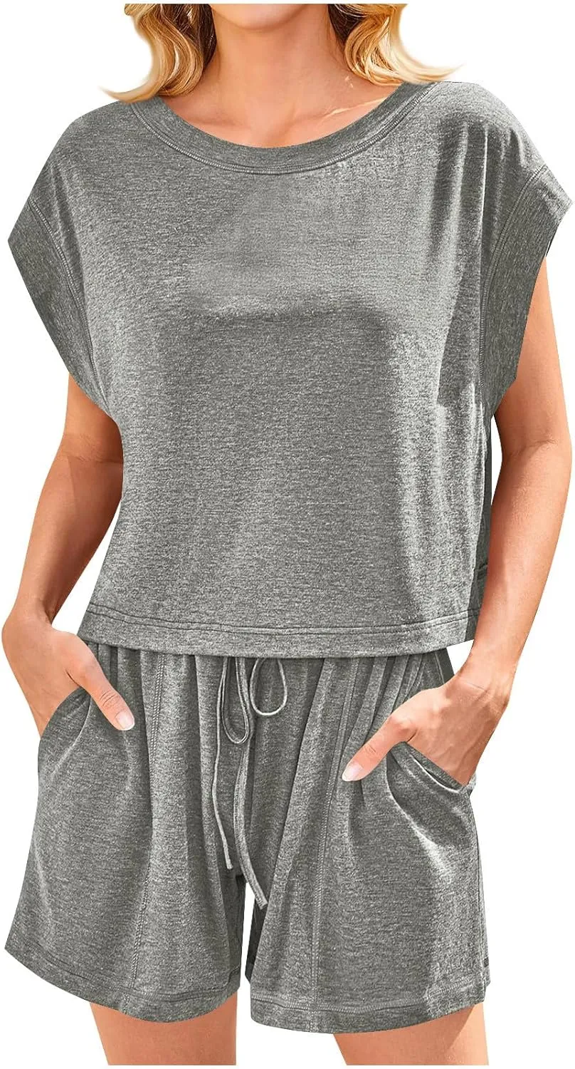Women's Open Back Pajama Sets Loose Short Sleeve Crop Top with Shorts Comfy Soft Summer Sleepwear 2 Piece Pjs Lounge Set