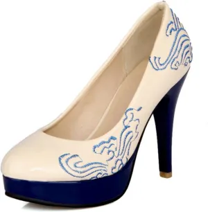 Women's Platform Stilettos High Heels Pumps Fashion Retro Embroidered Round Closed Toe Elegant Slip On Wedding Party Dress Shoes