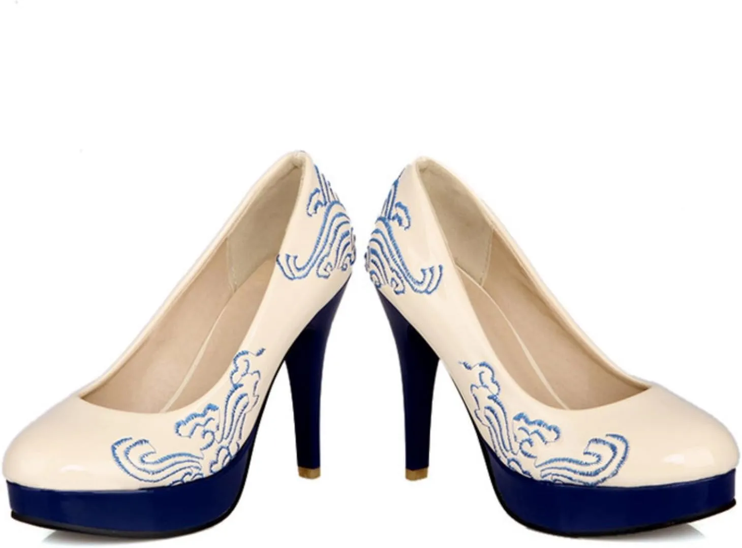 Women's Platform Stilettos High Heels Pumps Fashion Retro Embroidered Round Closed Toe Elegant Slip On Wedding Party Dress Shoes