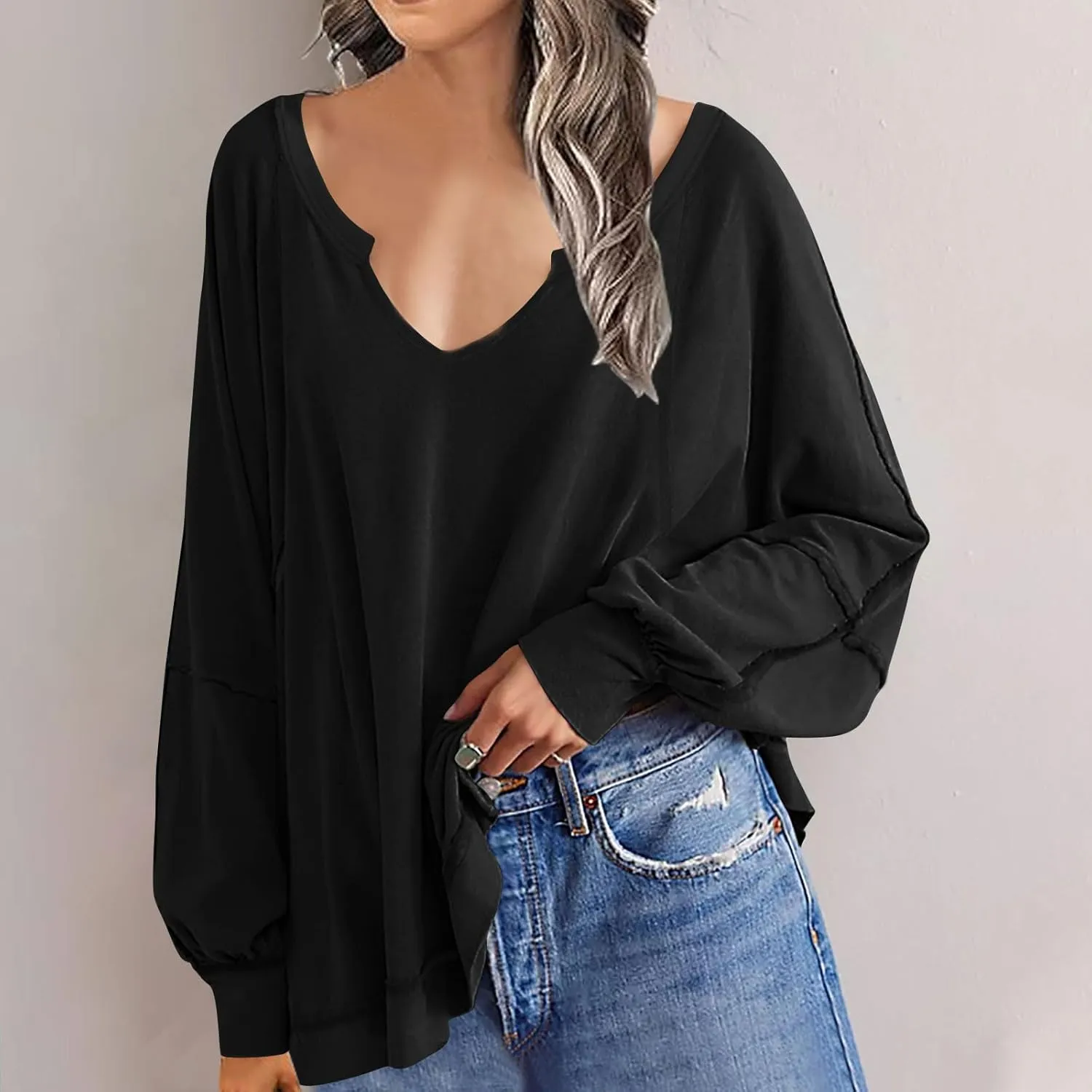 Womens Plus Size Tops Elegant Sexy Long Sleeve V Neck Causal Shirts Fashion Solid Asymmetrical Hem Blouse Spring Tops