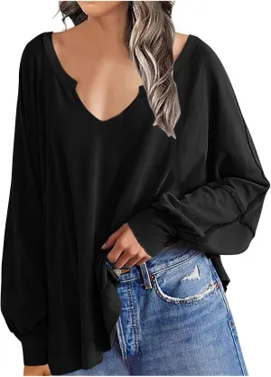Womens Plus Size Tops Elegant Sexy Long Sleeve V Neck Causal Shirts Fashion Solid Asymmetrical Hem Blouse Spring Tops