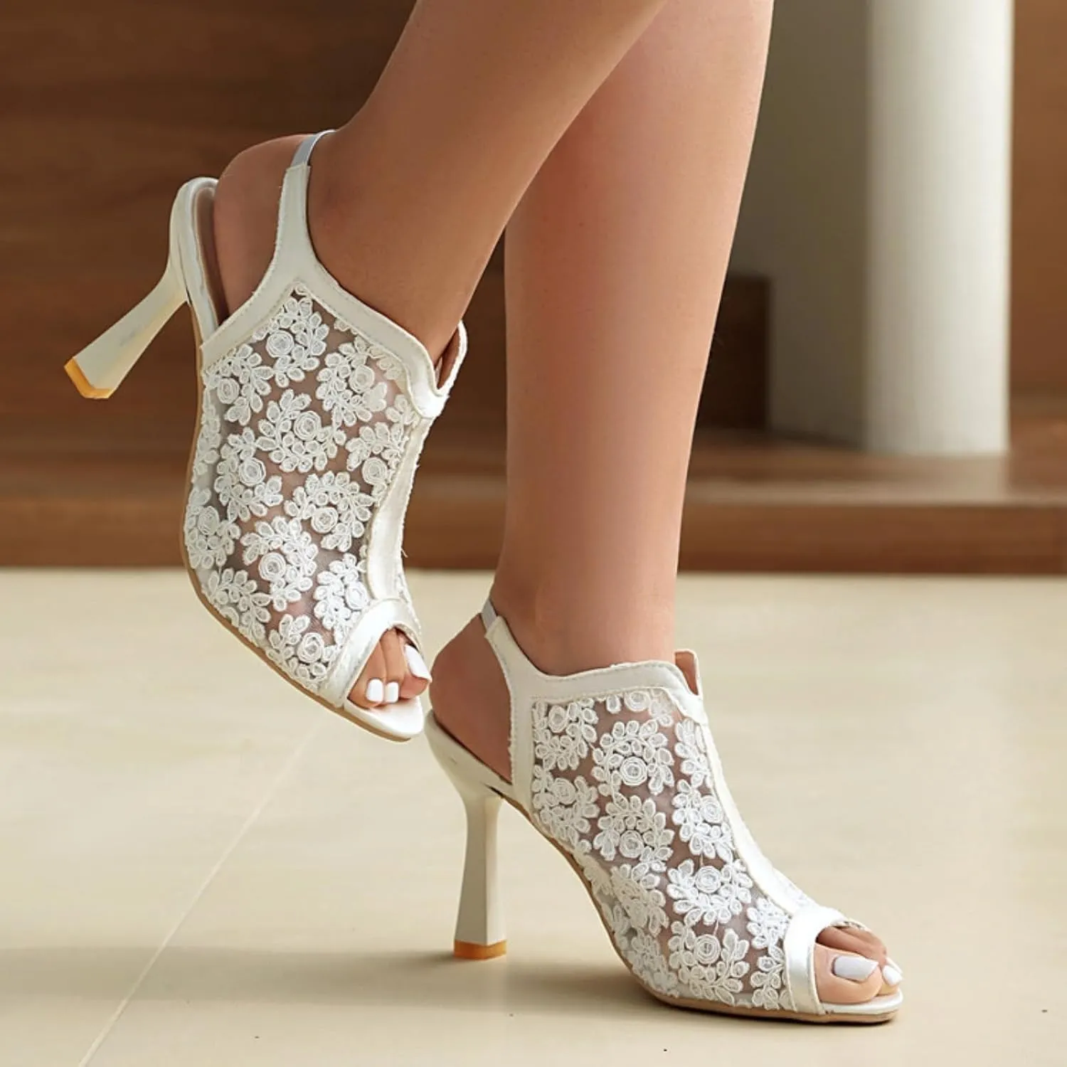 Women's pointed Open Peep Toe Stiletto High Heels Pumps Embroidered Flower Mesh Sandals Sexy Lace Wedding Evening Party Dress Shoes