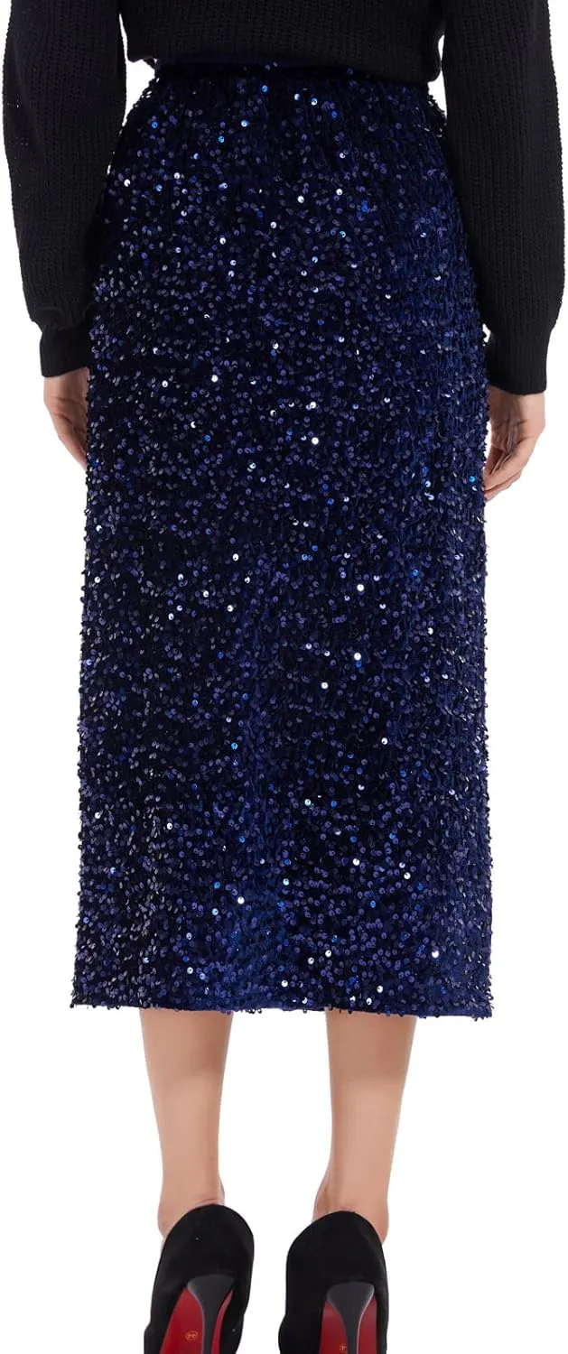 Women’s Sequin Velvet Skirt Elastic High Waist Sparkle Split Hem Night Out Party Maxi Skirt