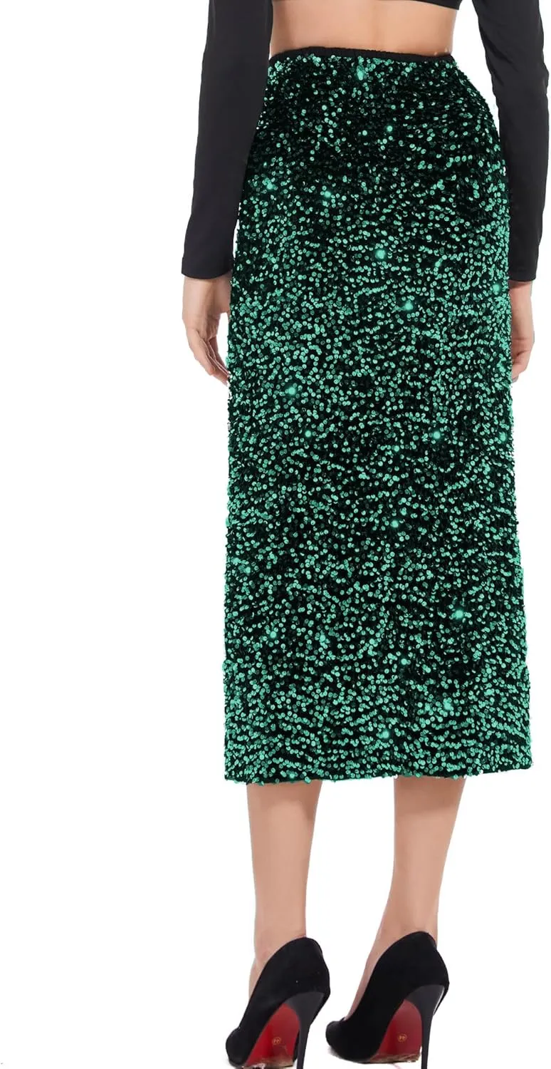 Women’s Sequin Velvet Skirt Elastic High Waist Sparkle Split Hem Night Out Party Maxi Skirt