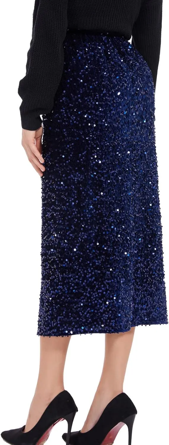 Women’s Sequin Velvet Skirt Elastic High Waist Sparkle Split Hem Night Out Party Maxi Skirt