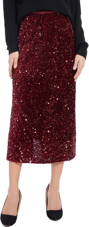 Women’s Sequin Velvet Skirt Elastic High Waist Sparkle Split Hem Night Out Party Maxi Skirt