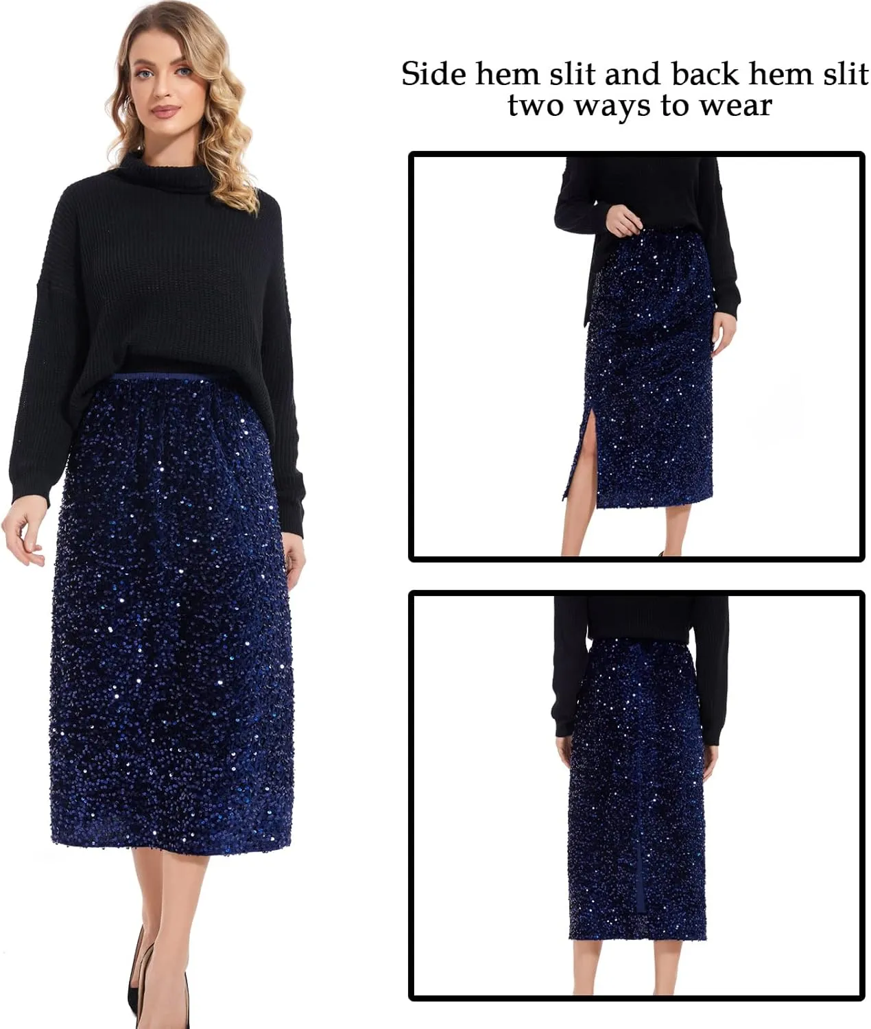 Women’s Sequin Velvet Skirt Elastic High Waist Sparkle Split Hem Night Out Party Maxi Skirt