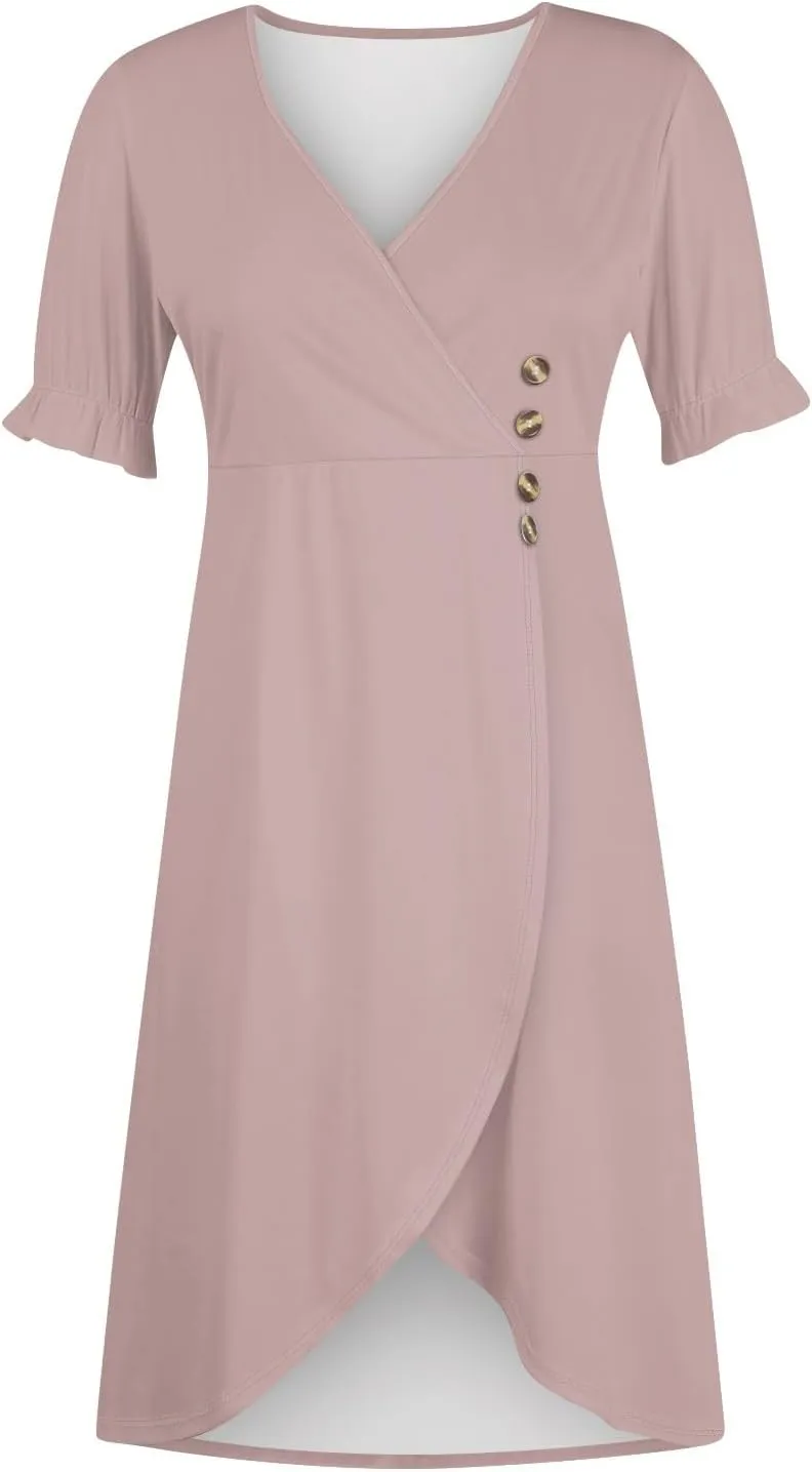 Womens Short Sleeve V-Neck Summer Casual Print Fit and Flare Dress for Wedding Guest Church with Elegant Style