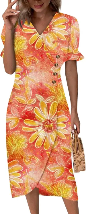 Womens Short Sleeve V-Neck Summer Casual Print Fit and Flare Dress for Wedding Guest Church with Elegant Style