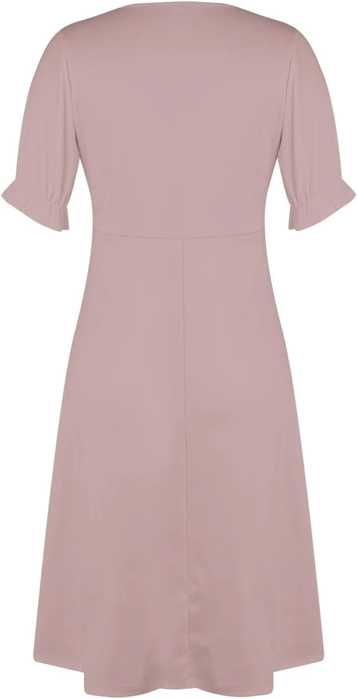 Womens Short Sleeve V-Neck Summer Casual Print Fit and Flare Dress for Wedding Guest Church with Elegant Style