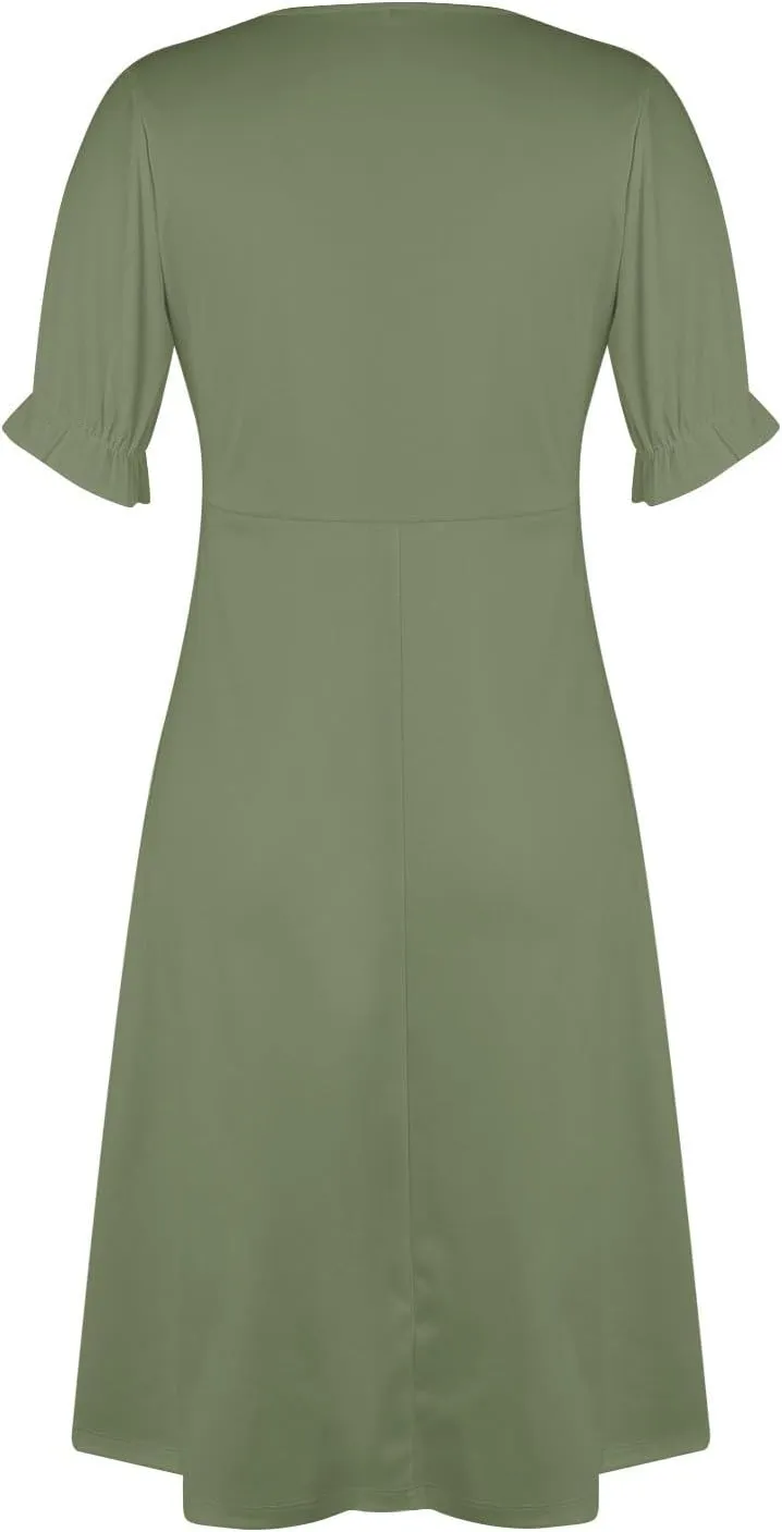 Womens Short Sleeve V-Neck Summer Casual Print Fit and Flare Dress for Wedding Guest Church with Elegant Style