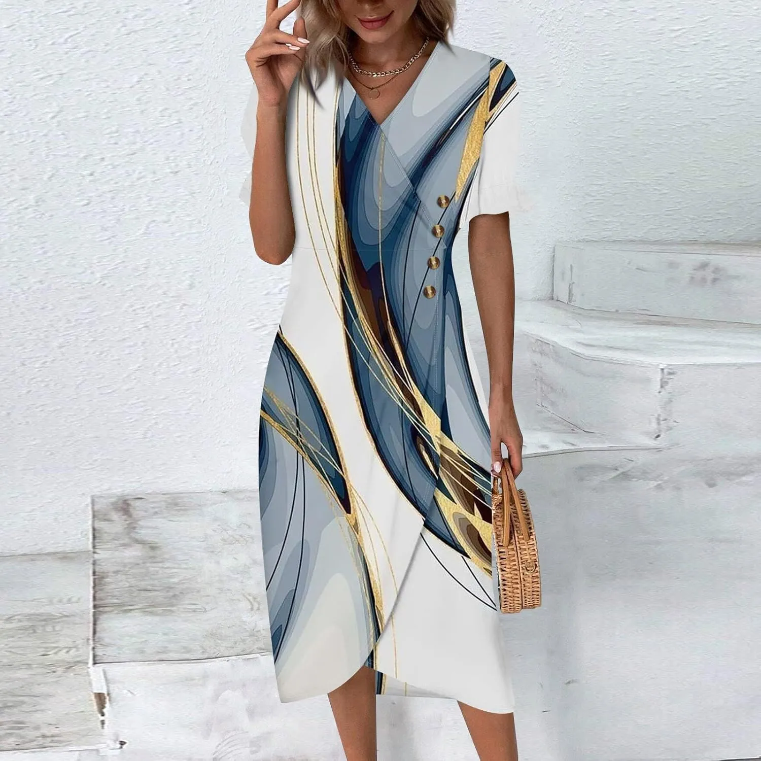 Womens Short Sleeve V-Neck Summer Casual Print Fit and Flare Dress for Wedding Guest Church with Elegant Style