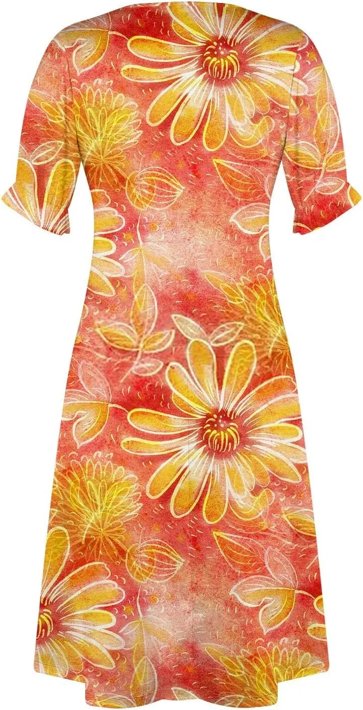Womens Short Sleeve V-Neck Summer Casual Print Fit and Flare Dress for Wedding Guest Church with Elegant Style