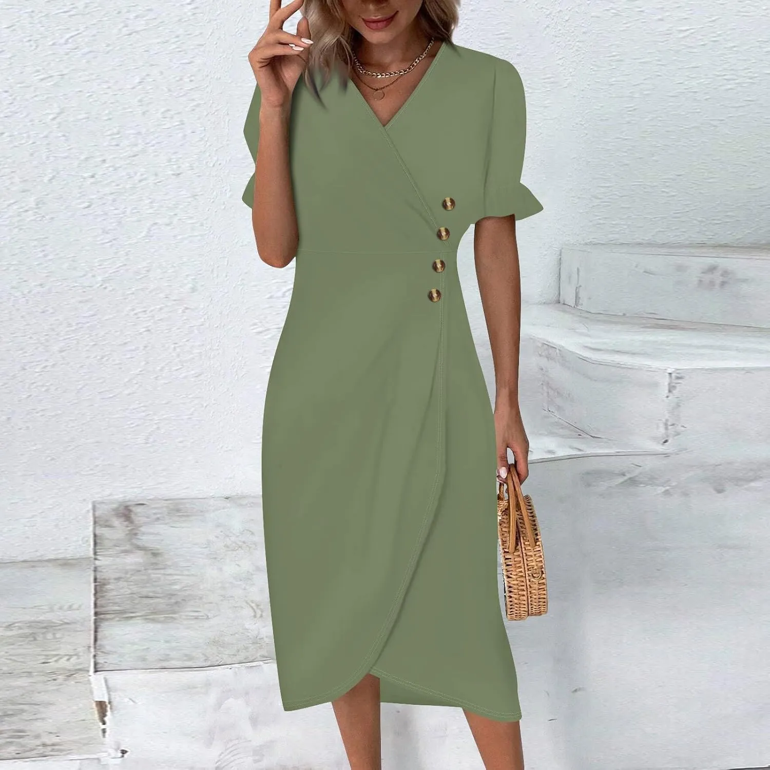 Womens Short Sleeve V-Neck Summer Casual Print Fit and Flare Dress for Wedding Guest Church with Elegant Style