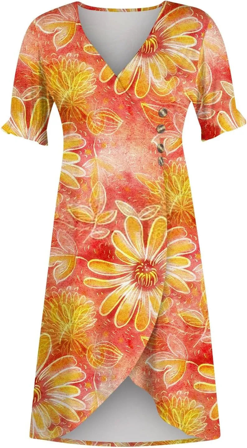 Womens Short Sleeve V-Neck Summer Casual Print Fit and Flare Dress for Wedding Guest Church with Elegant Style