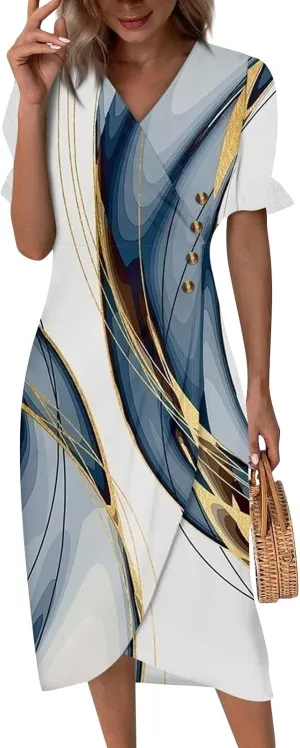 Womens Short Sleeve V-Neck Summer Casual Print Fit and Flare Dress for Wedding Guest Church with Elegant Style