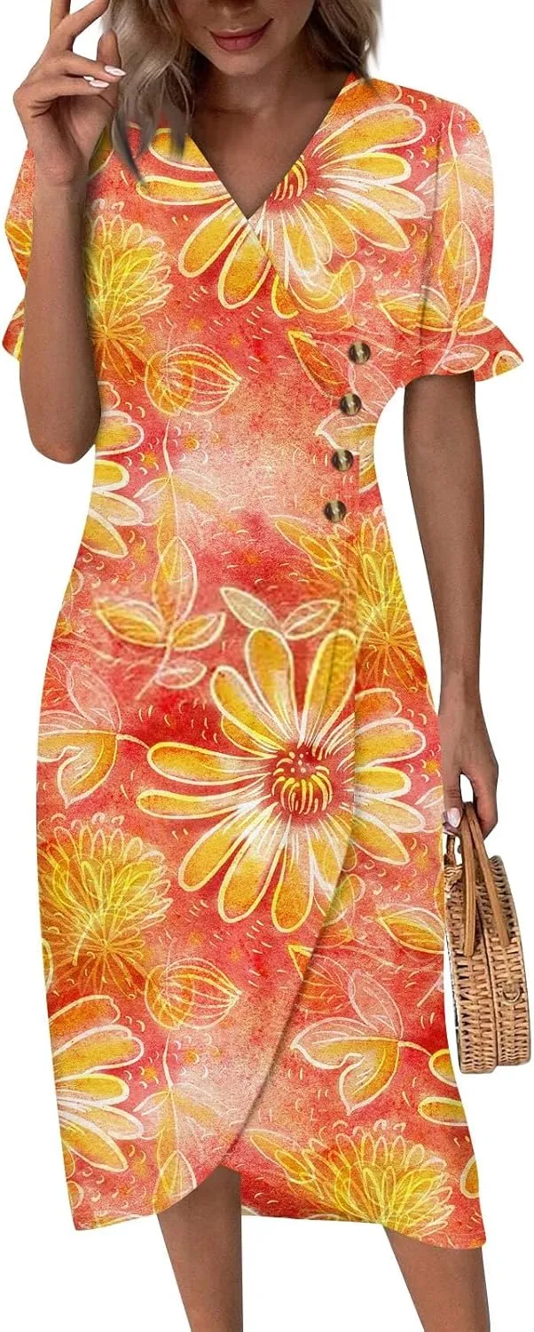 Womens Short Sleeve V-Neck Summer Casual Print Fit and Flare Dress for Wedding Guest Church with Elegant Style