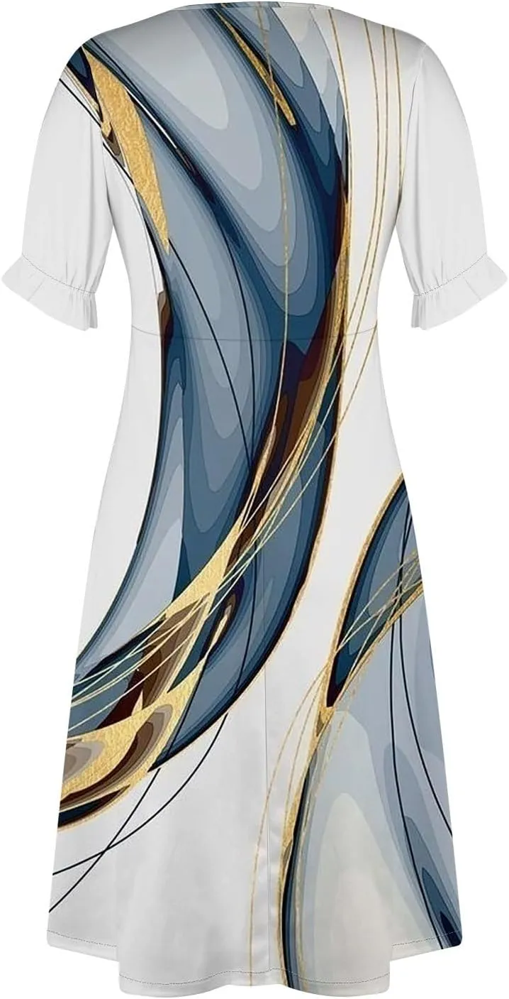 Womens Short Sleeve V-Neck Summer Casual Print Fit and Flare Dress for Wedding Guest Church with Elegant Style
