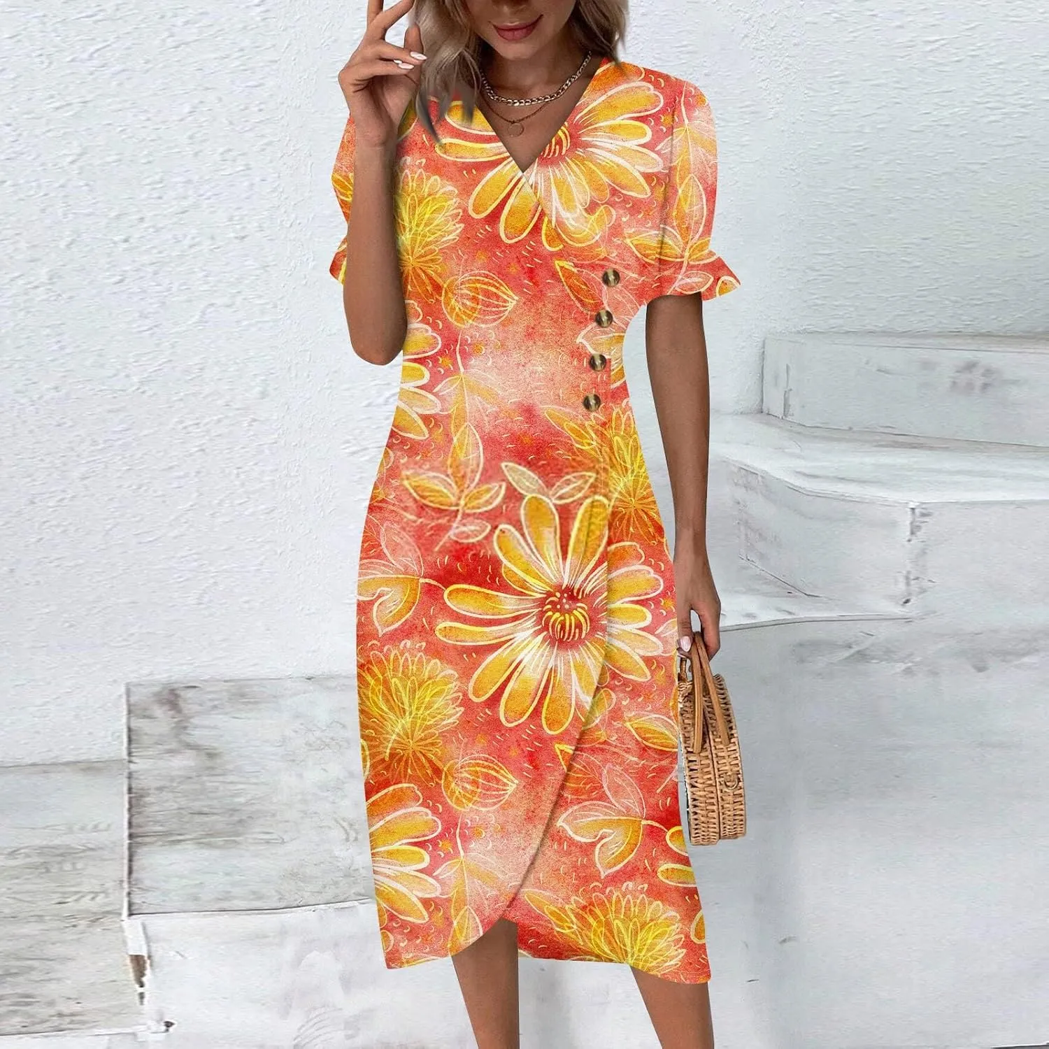 Womens Short Sleeve V-Neck Summer Casual Print Fit and Flare Dress for Wedding Guest Church with Elegant Style