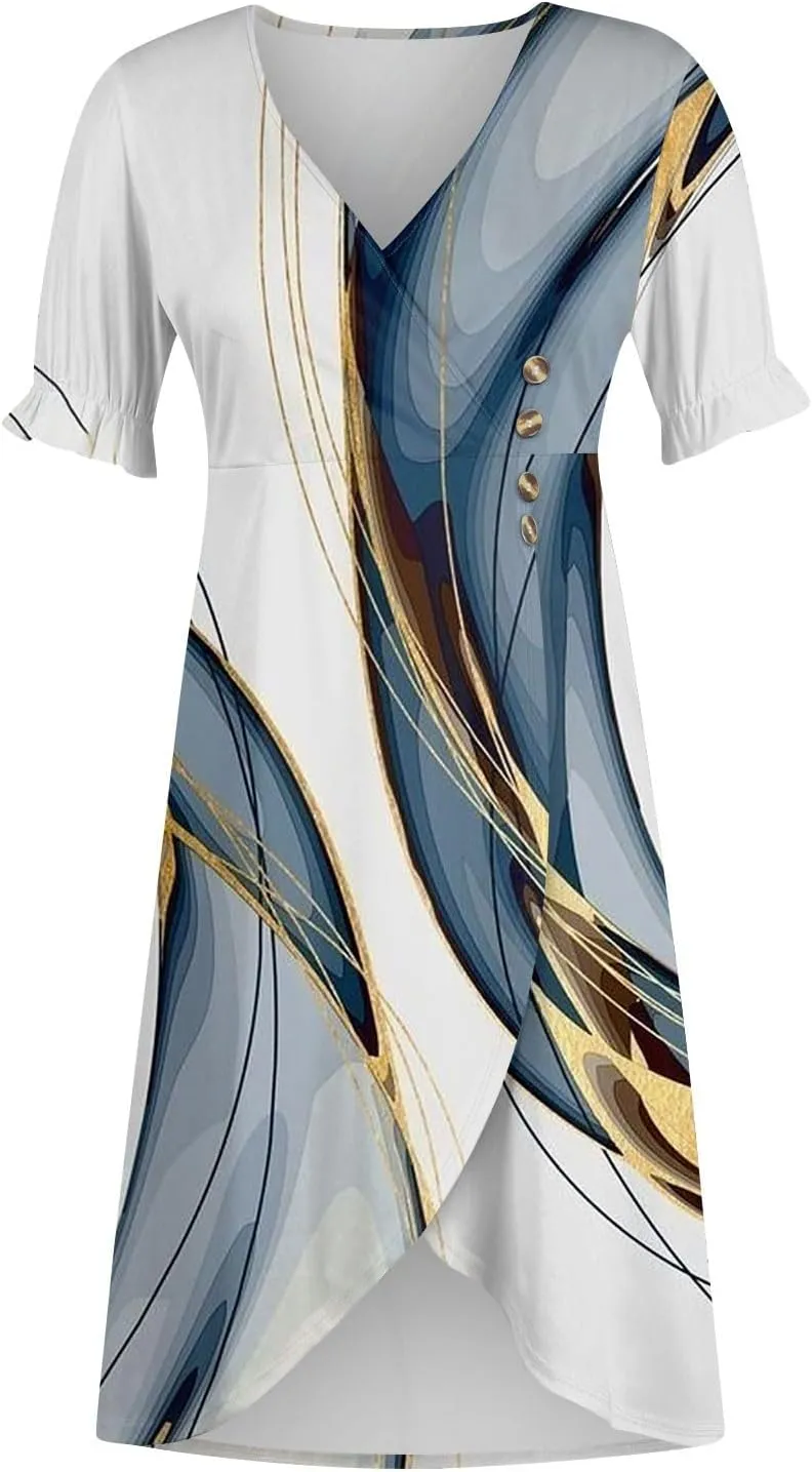 Womens Short Sleeve V-Neck Summer Casual Print Fit and Flare Dress for Wedding Guest Church with Elegant Style