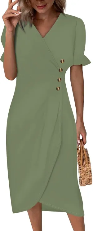Womens Short Sleeve V-Neck Summer Casual Print Fit and Flare Dress for Wedding Guest Church with Elegant Style