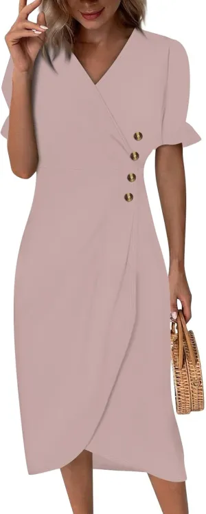 Womens Short Sleeve V-Neck Summer Casual Print Fit and Flare Dress for Wedding Guest Church with Elegant Style