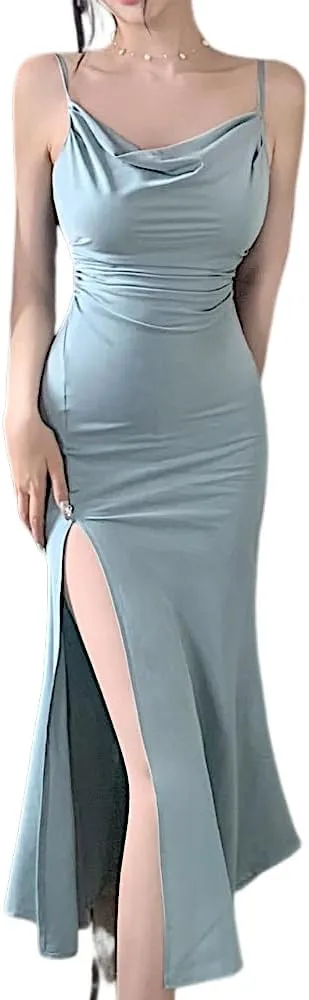 Women's Spaghetti Strap Midi Satin Silk Dresses Slip Cowl Neck Party Cocktail Evening Wedding Guests Dress