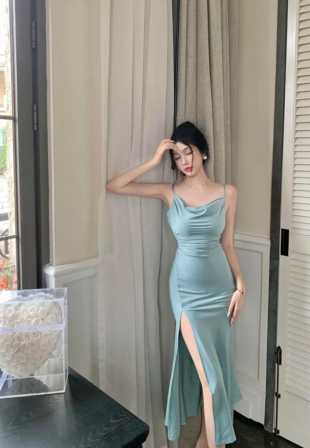 Women's Spaghetti Strap Midi Satin Silk Dresses Slip Cowl Neck Party Cocktail Evening Wedding Guests Dress