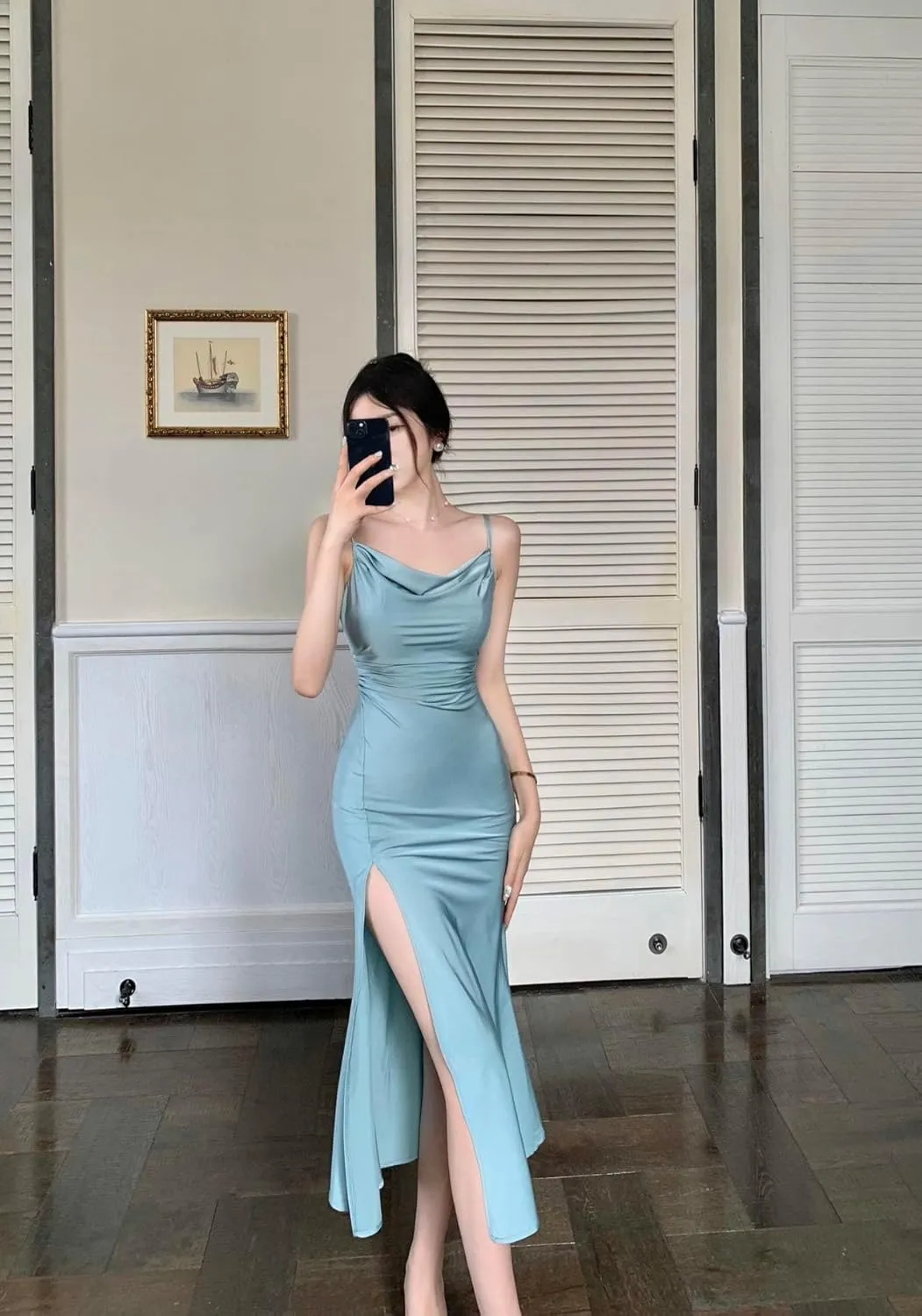 Women's Spaghetti Strap Midi Satin Silk Dresses Slip Cowl Neck Party Cocktail Evening Wedding Guests Dress