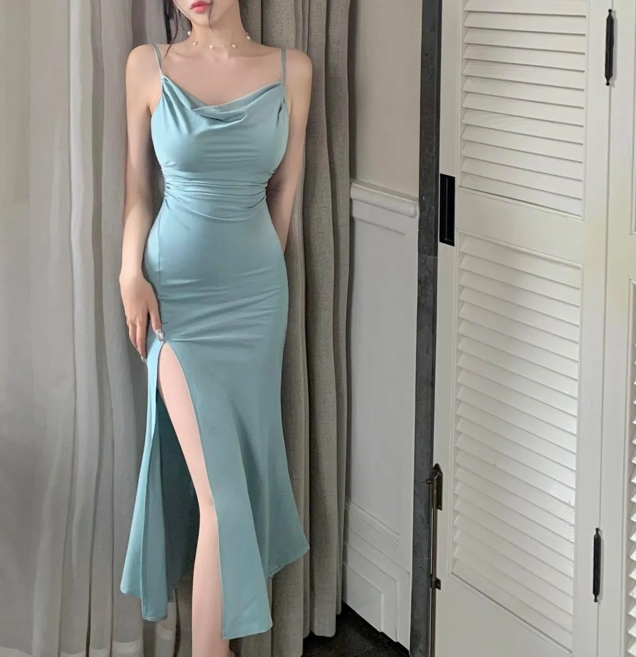Women's Spaghetti Strap Midi Satin Silk Dresses Slip Cowl Neck Party Cocktail Evening Wedding Guests Dress